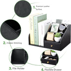 GORESE PU Leather Desk Organizer, File Organizer with Drawer and 4 Compartments, Desktop Organization with Magazine file Holder for Office Supplies, Elegant Gift for Men Who Have Everything, Black