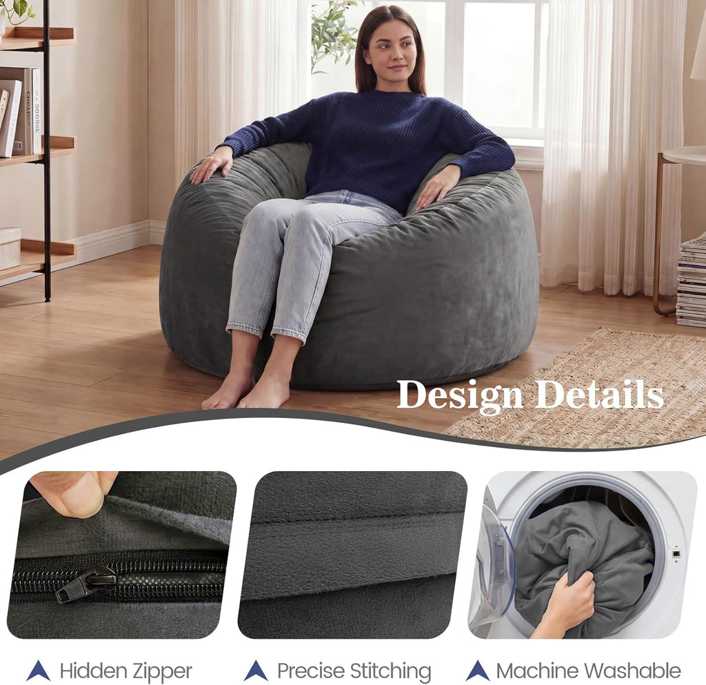 ACH Bean Bag Chair for Adults and Teens - 3ft Memory Foam Floor Chair, Perfect for Dorms, Gaming & Relaxing, Machine Washable Velvet Cover (Grey-Medium)