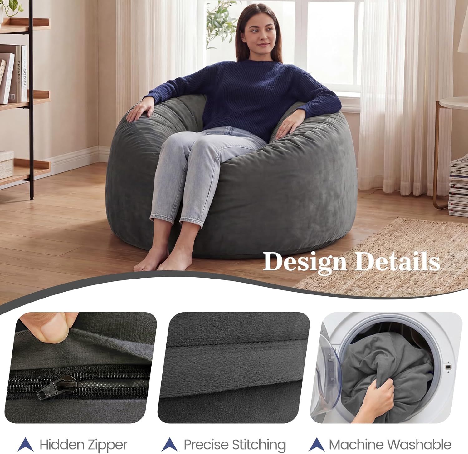 ACH Bean Bag Chair for Adults and Teens - 3ft Memory Foam Floor Chair, Perfect for Dorms, Gaming & Relaxing, Machine Washable Velvet Cover (Grey-Medium)