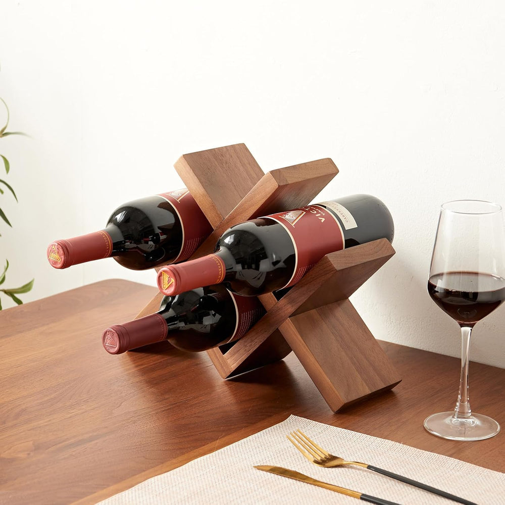Solid Oak Wine Rack Countertop, 4 Bottle Tabletop Wine Holder - No Assembly F...
