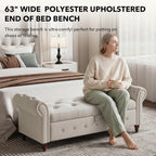 Storage Bench, End of Bed Bench with Pull Ring Design | 63" Velvet End of Bed Bench, Rolled Arm,Button Tufted Design, Large Storage Space, Wood & Metal Material, Holds 500LBS, Beige