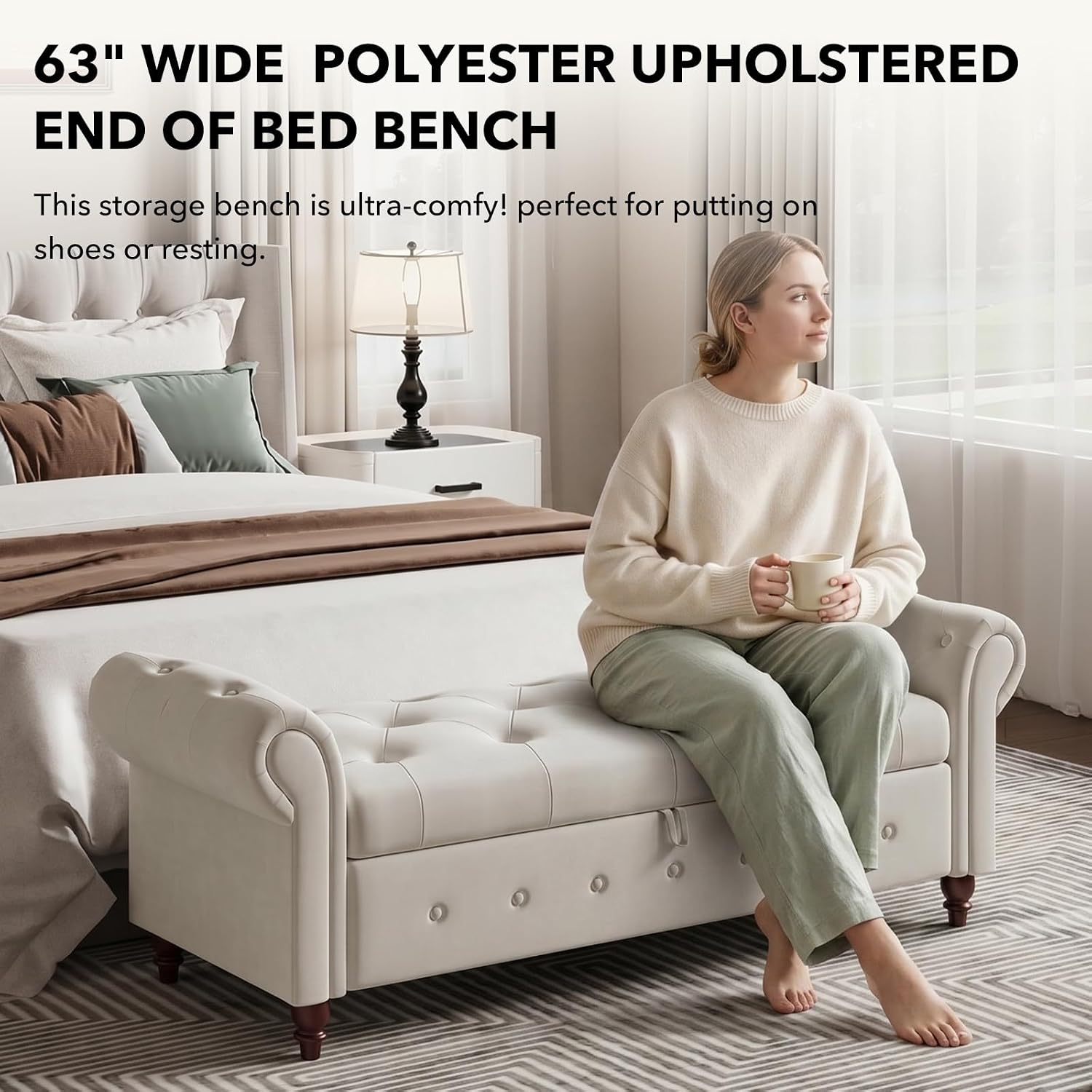 Storage Bench, End of Bed Bench with Pull Ring Design | 63" Velvet End of Bed Bench, Rolled Arm,Button Tufted Design, Large Storage Space, Wood & Metal Material, Holds 500LBS, Beige