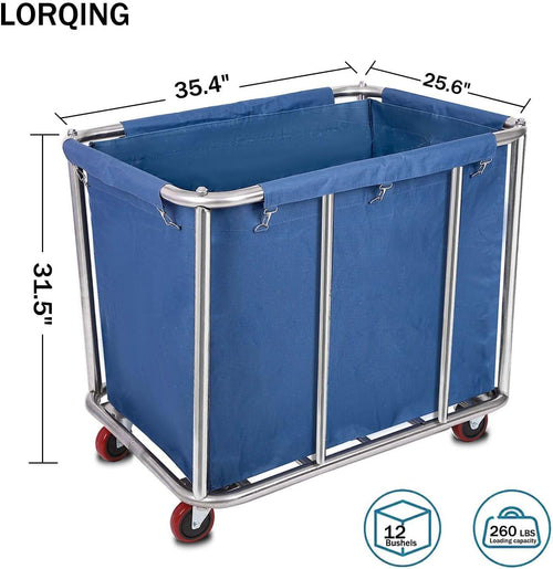 12 Bushels Laundry Cart Commercial/Home,Heavy Duty Large Stainless Steel Rolling Laundry Basket with Wheels，for Laundry Organizer and Storage,260LBS Load (12 Bushels - Blue - 8 Tubes)