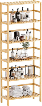 HITNET Bamboo Shelf, 6-Tier Adjustable Tall Open Bookcase, Bathroom Storage Rack Freestanding Shelving Unit, Plant Display Stand for Small Space, Natural