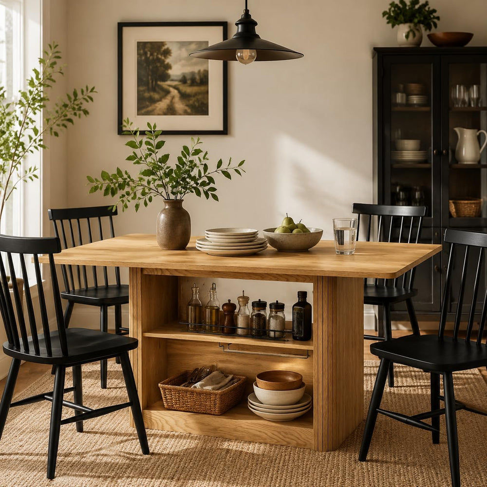 FUQARHY 63" Dining Table with Storage, Fluted Farmhouse Kitchen Table fo...