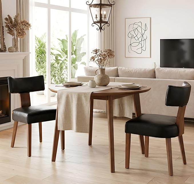Black Leather Dining Chairs Set of 4, Upholstered Wooden Dining Room Chairs, Mid Century Modern Farmhouse PU Kitchen Chairs, Accent Armless Side Chairs with Curved Back for Living Room, 4PCS