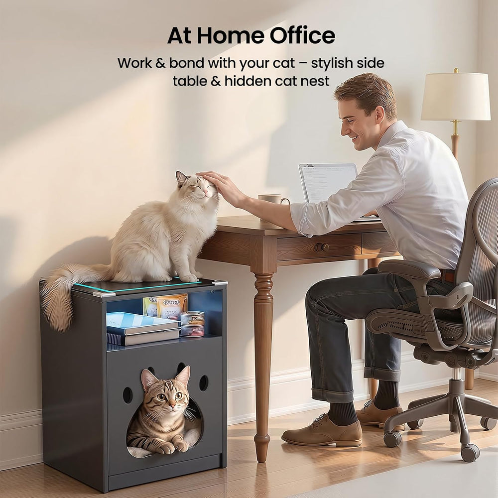 Cat House Night Cabinet with Charging Station & LED Lights, Modern Wooden...