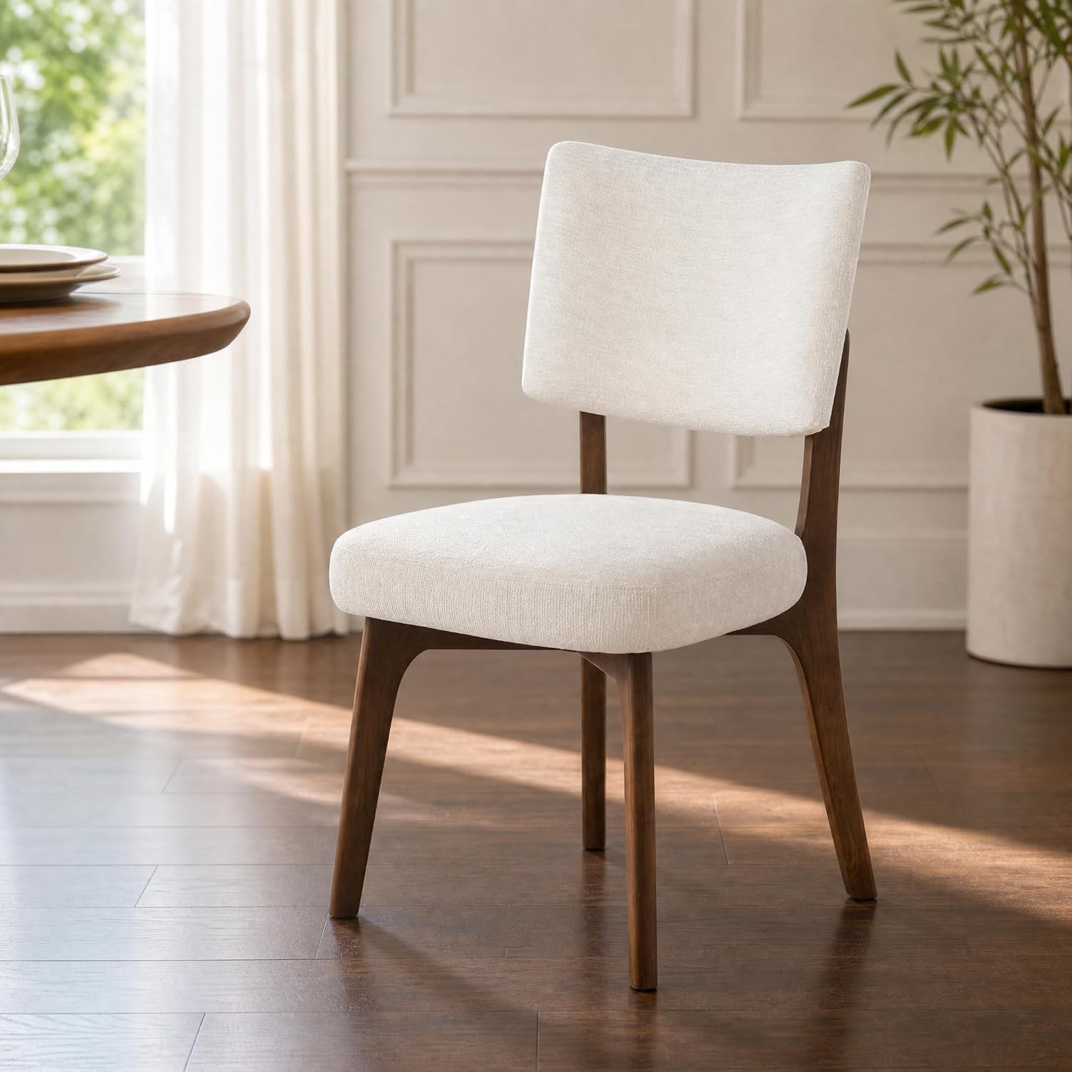 YOUNIKE Wooden Dining Chair, Chenille Fabric Upholstered Dining Room Chair Kitchen Side Chair, Farmhouse Dinner Chair with Solid Wood Legs for Kitchen Dining Vanity, Beige (Single Pack)