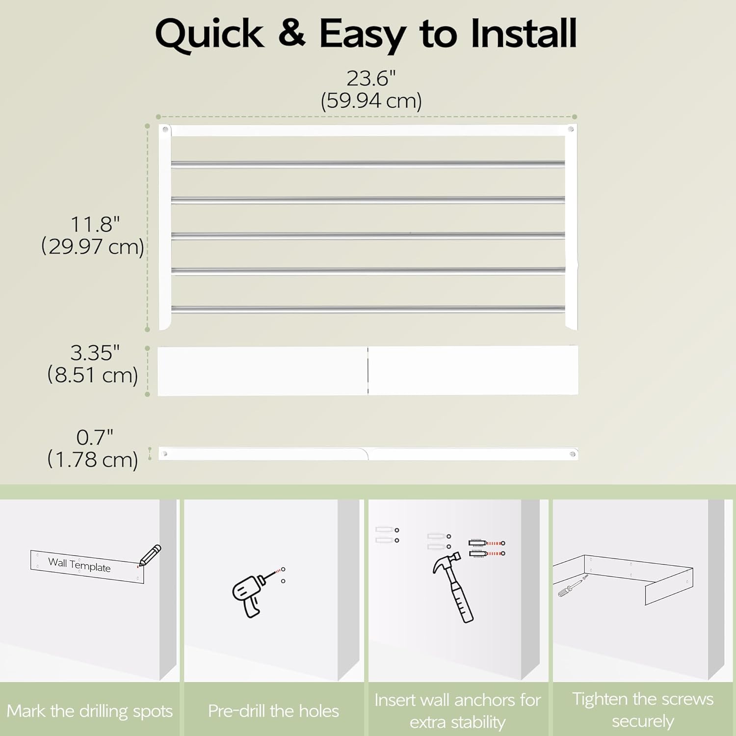 Wall Mounted Clothes Drying Rack 23.6", Foldable Wall Mount Laundry Rack Folding Indoor, Drying Rack Clothing Collapsible, Hidden Space Saver with Wall Template, 5 Rods, White
