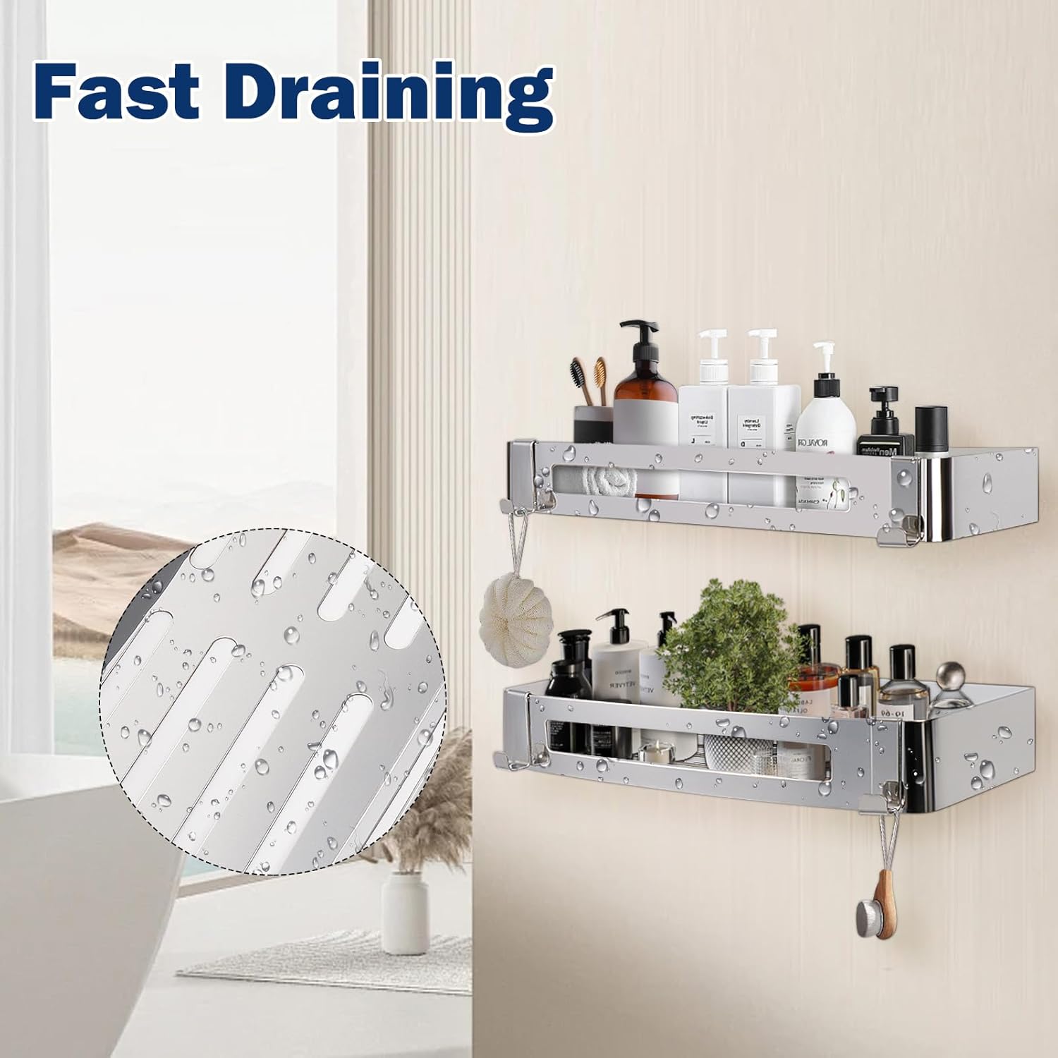 NearMoon Bathroom Shower Caddy 2 Pack, No Drill 304 Stainless Steel Shower Organizer with 2 Hooks (Shower Shelf, Chrome)