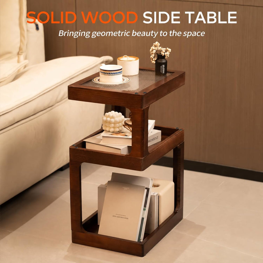 Solid Wood Side Table, 3 Tier Small End Table, Brown Accent Table
