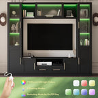 4-Piece Wall Unit TV Stand for TVs Up to 70", Modern Entertainment TV Wall Unit with LED Light, Large Wall Media Center for Living Room, Black