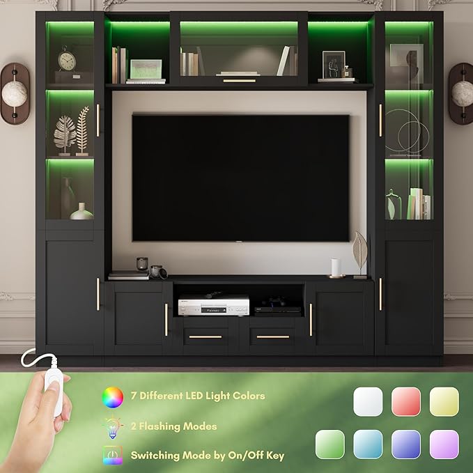 4-Piece Wall Unit TV Stand for TVs Up to 70", Modern Entertainment TV Wall Unit with LED Light, Large Wall Media Center for Living Room, Black