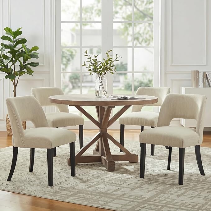 keoni Wooden Dining Chairs Set of 6, Mid Century Modern Upholstered Dining Room Chairs with Black Wood Legs, Fabric Farmhouse Kitchen Chairs with Foot Pegs for Dining Room, Beige