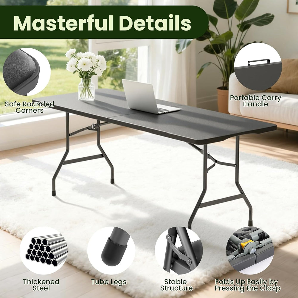 6FT Black Plastic Folding Table Set with 6 Black PU Padded Chairs | Portable ...