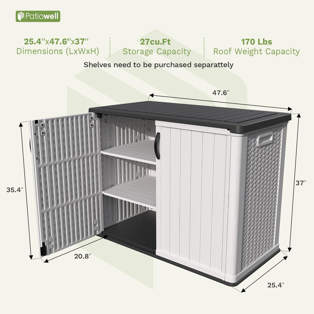 Patiowell 26 Cu.ft Plastic Outdoor Storage Cabinet, Lockable Waterproof Horizotal Storage Shed, Tool Box for Patio, Garden Tools, Garbage Cans, Pool Supplies, Easy Assembly, White(Not Include Shelves)