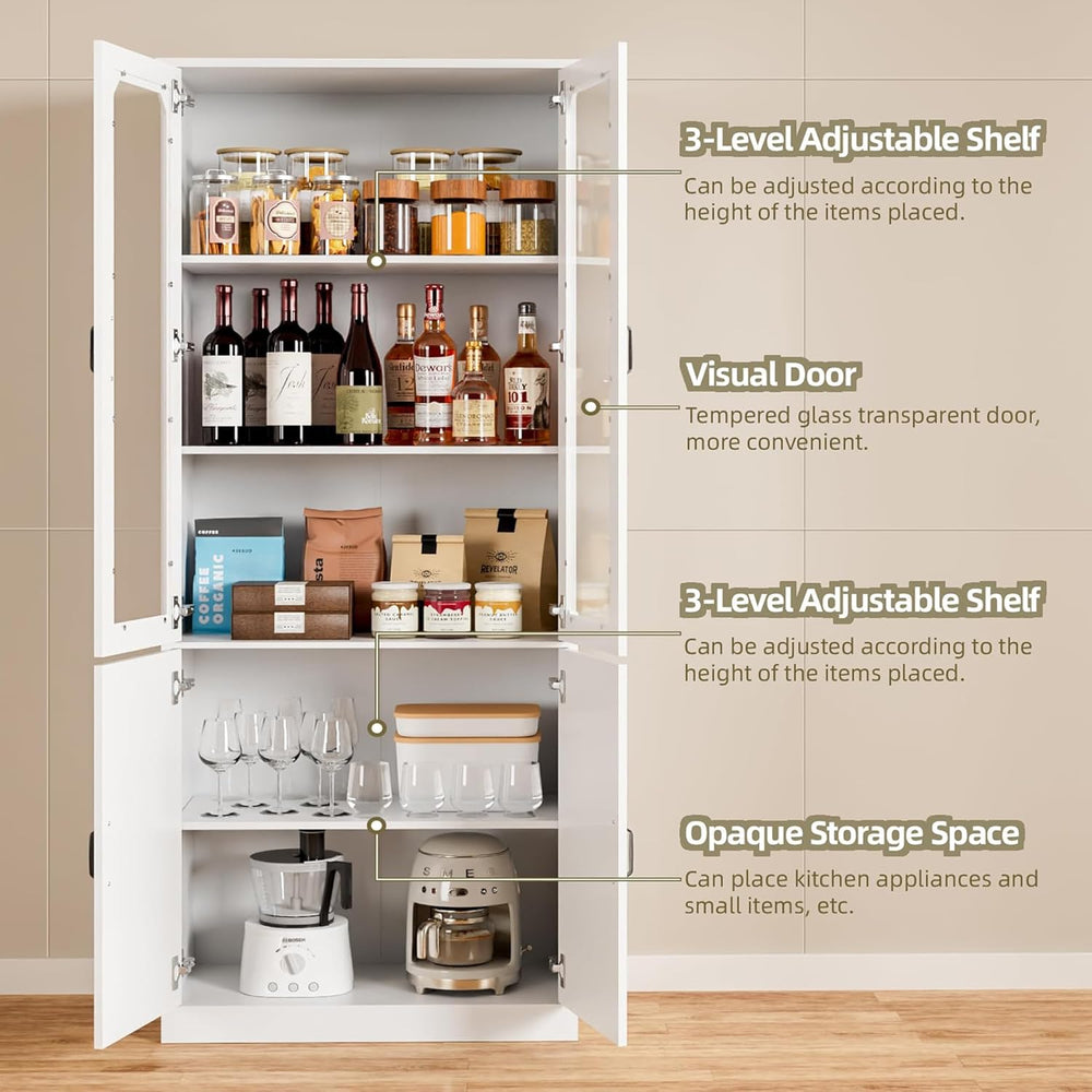 White Kitchen Pantry Cabinet, 78.7" Tall China Cabinet with Glass Doors ...