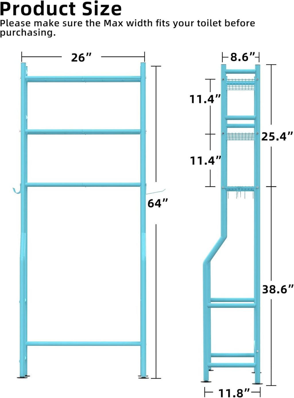 3-Tier Over The Toilet Storage, Freestanding Metal Bathroom Shelves with 4 Hooks, Over Toilet Storage Shelf with Paper Holder, Above The Toilet Shelf for Bathroom Storage, Blue