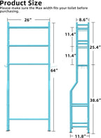 3-Tier Over The Toilet Storage, Freestanding Metal Bathroom Shelves with 4 Hooks, Over Toilet Storage Shelf with Paper Holder, Above The Toilet Shelf for Bathroom Storage, Blue
