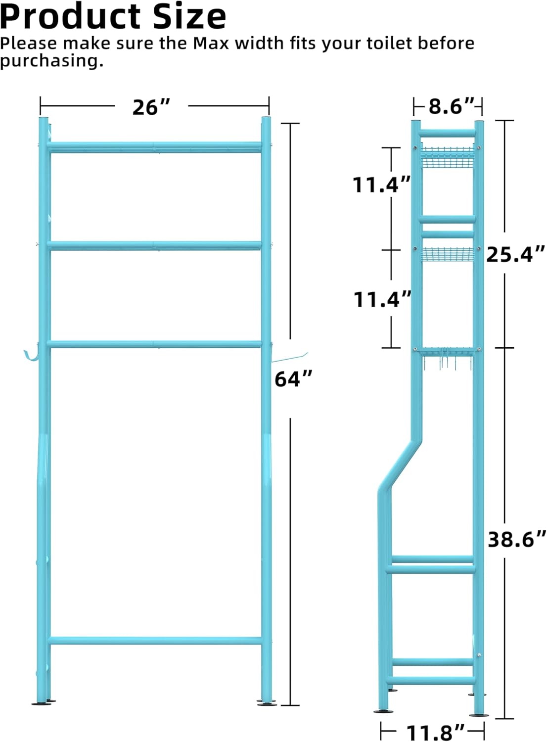3-Tier Over The Toilet Storage, Freestanding Metal Bathroom Shelves with 4 Hooks, Over Toilet Storage Shelf with Paper Holder, Above The Toilet Shelf for Bathroom Storage, Blue