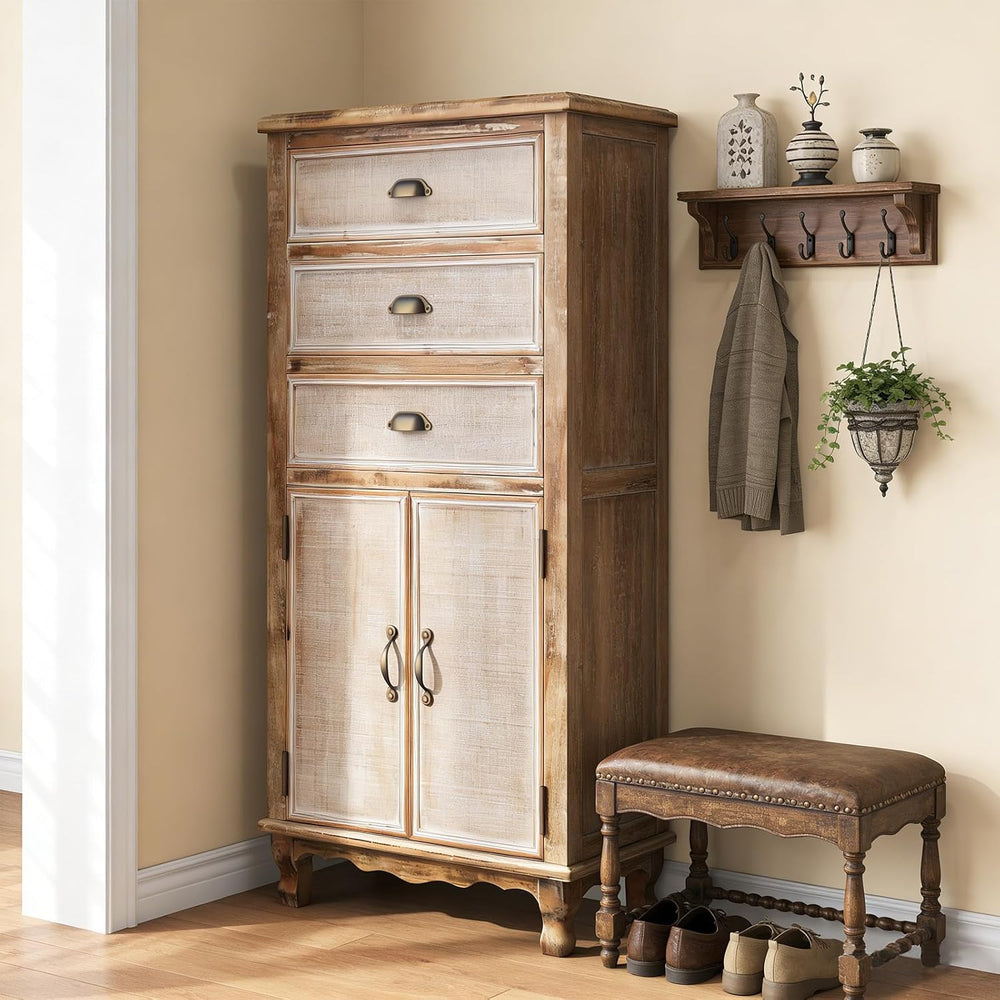 Rustic Tall Storage Cabinet - Distressed Solid Wood Frame Accent Cabinet with...