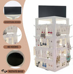 Wooden rotating Jewelry Display Stand with Removable 48 Hooks advertising board, For Earring Cards necklace bracelet Keychain Jewelry Organizer For Selling For vendor events (White)