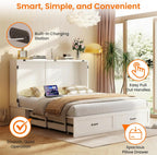 CECER Queen Size Murphy Bed with Storage & Charging Station,Multi-Functional Murphy Cabinet Bed with Mattress Included for Bedroom/Guest Room/Small Space,Easy Assembly -White | Murphy Bed Queen with 2 Storage Drawers,Cabinet Bed with Built-in Multi-Port