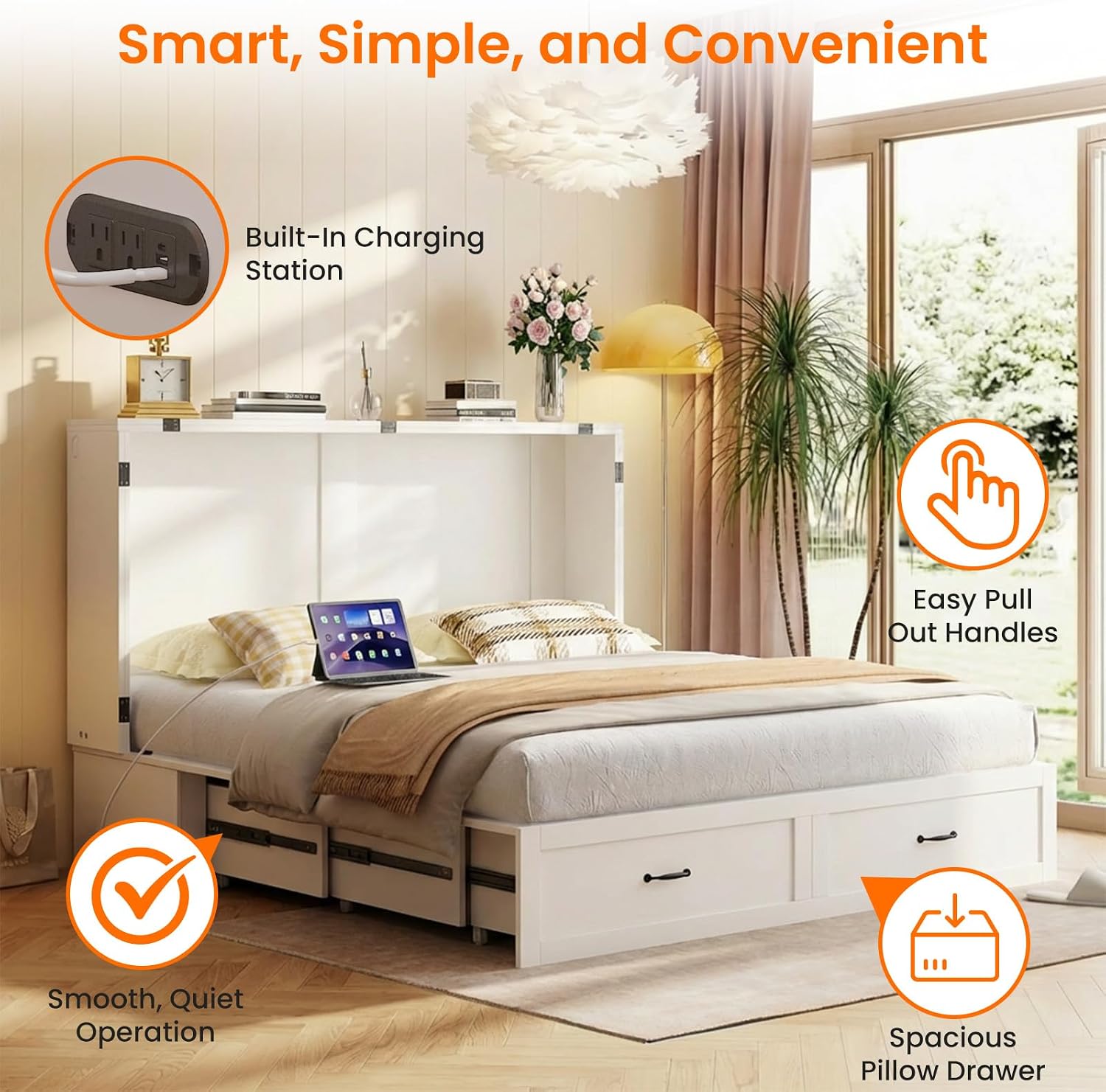 CECER Queen Size Murphy Bed with Storage & Charging Station,Multi-Functional Murphy Cabinet Bed with Mattress Included for Bedroom/Guest Room/Small Space,Easy Assembly -White | Murphy Bed Queen with 2 Storage Drawers,Cabinet Bed with Built-in Multi-Port