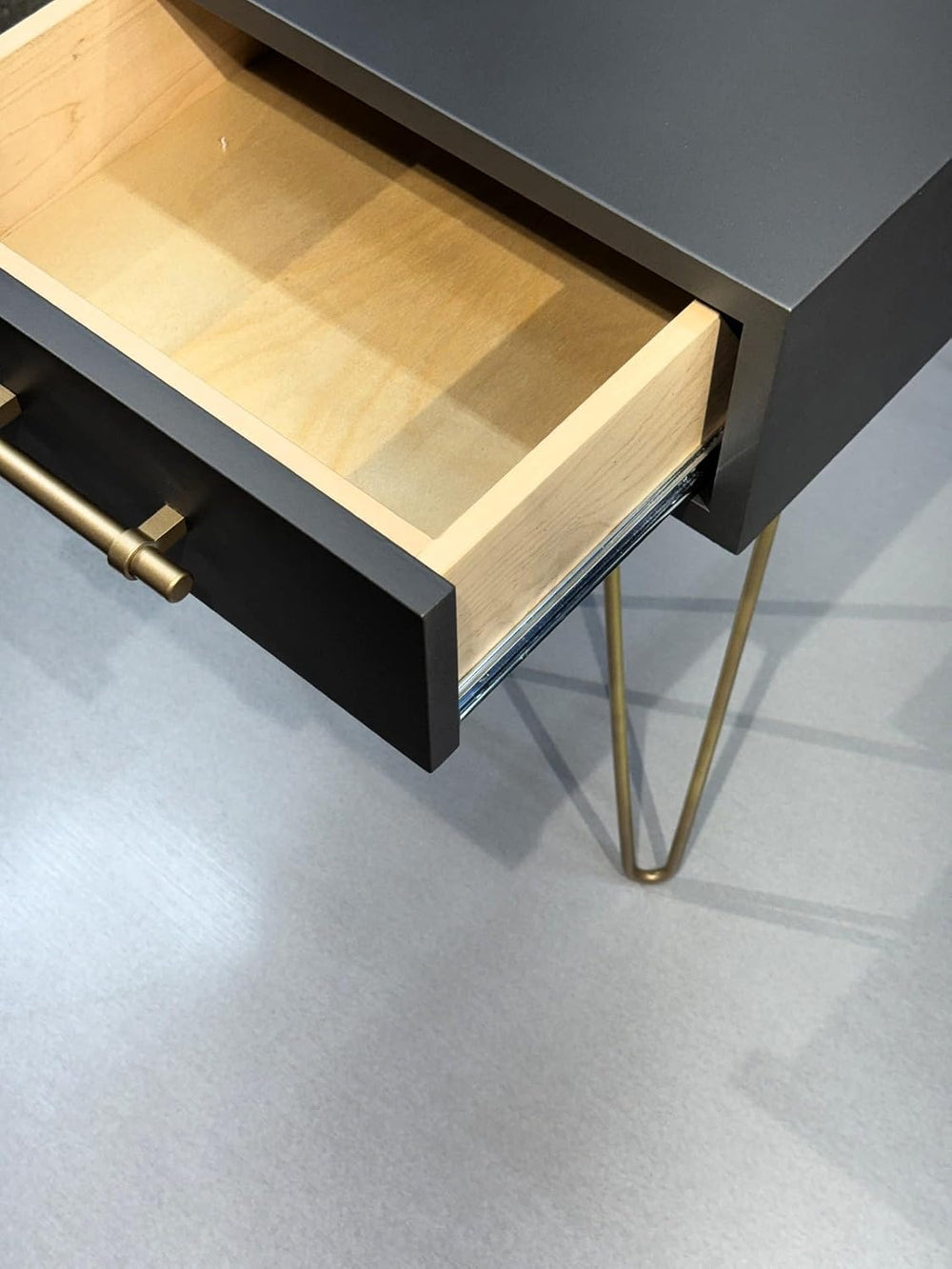 Modern Side Table/Nightstand with Drawer in Gunmetal, with Brass Finish Pull ...