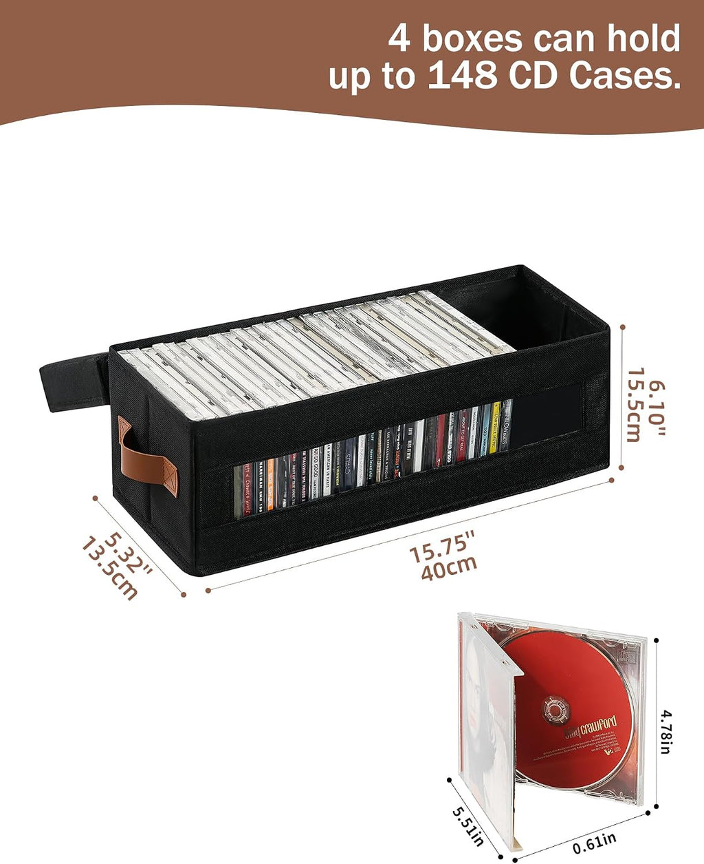 4 Packs CD Storage Box with Visible Window, Stackable CD Case Holder with Dustproof Lid and Handles, Holds Up to 148 CDs in Full Jewel Cases-15.75 x 6.10 x 5.31 Inches-Black