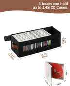 4 Packs CD Storage Box with Visible Window, Stackable CD Case Holder with Dustproof Lid and Handles, Holds Up to 148 CDs in Full Jewel Cases-15.75 x 6.10 x 5.31 Inches-Black