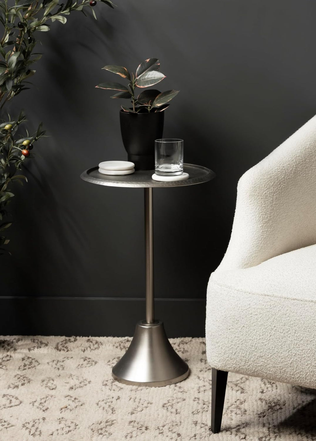 Kate and Laurel Sanzo Modern Pedestal Side Table, 15 x 15 x 24, Antique Silver, Decorative End Table with Hammered Tabletop for Use as a Bedroom Nightstand or Living Room Accent Table