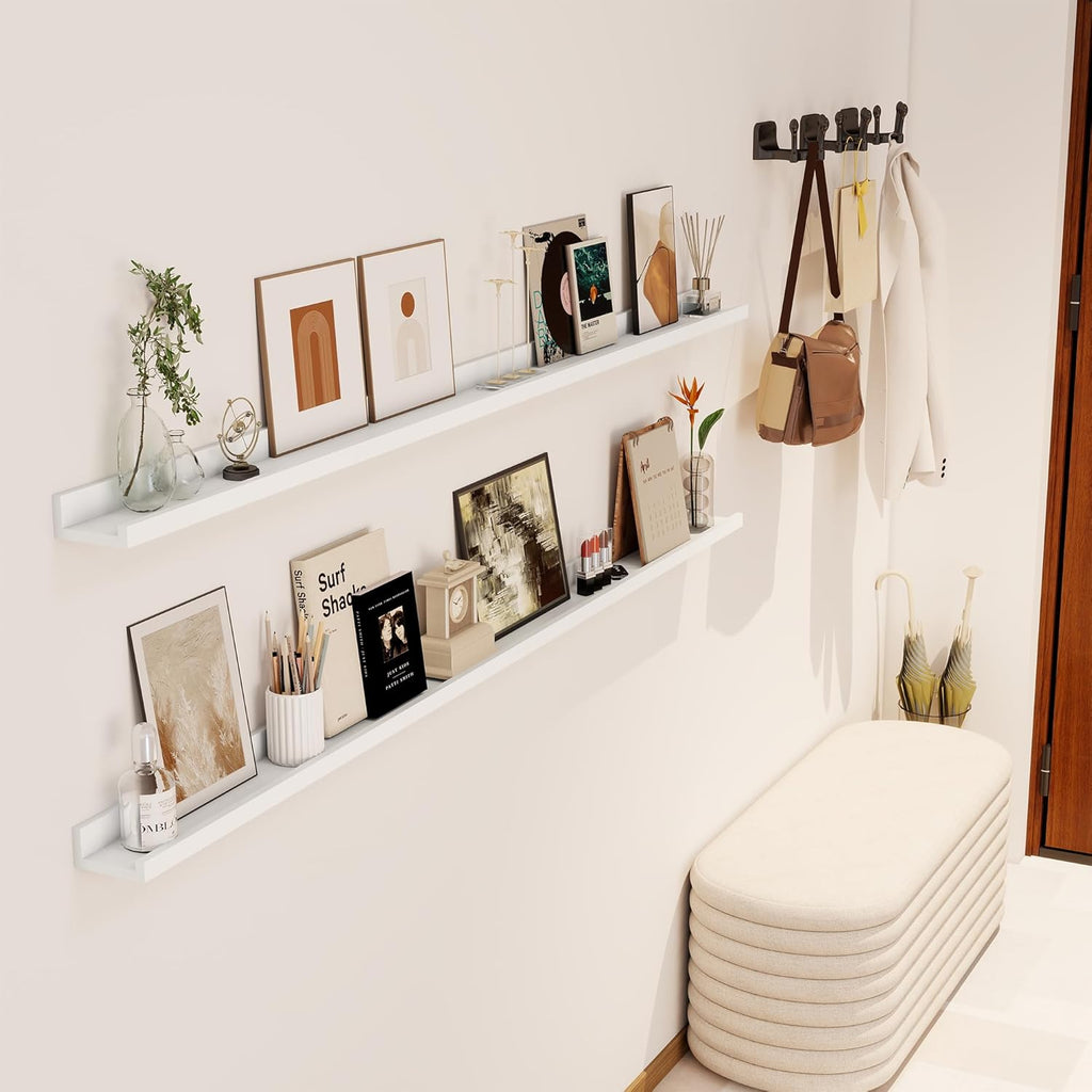 Axeman 72 Inch White Floating Shelves for Wall | Picture Ledge Shelf Set of 2 | Rustic Picture Shelf for Wall with Ledge | Floating Shelves with Lip | Photo Ledge Shelves for Books Album Records