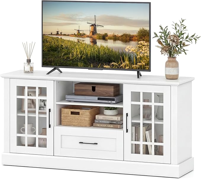 Giantex Farmhouse TV Stand for 65/70 Inch TV, Tall Entertainment Center with Storage Cabinets, Glass Doors, Drawer, Removable Shelves, Media TV Console Table for Living Room, Bedroom (White)