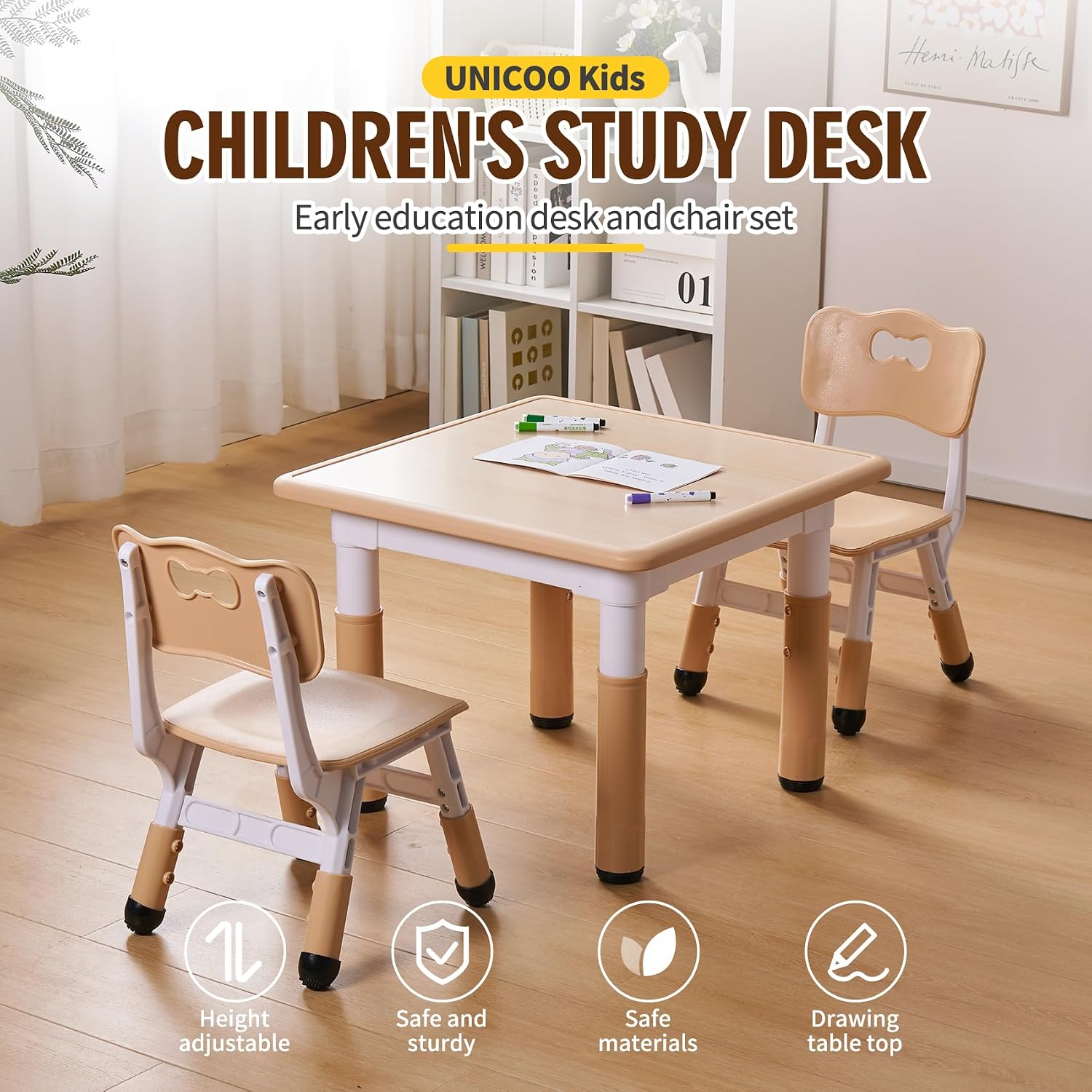 UNICOO Kids Table and Chair Set, Height Adjustable Toddler Table and Chair Set, Graffiti Desktop Multi-Activity Desk, Ideal for Kids 2-8, Classrooms/Daycares/Homes