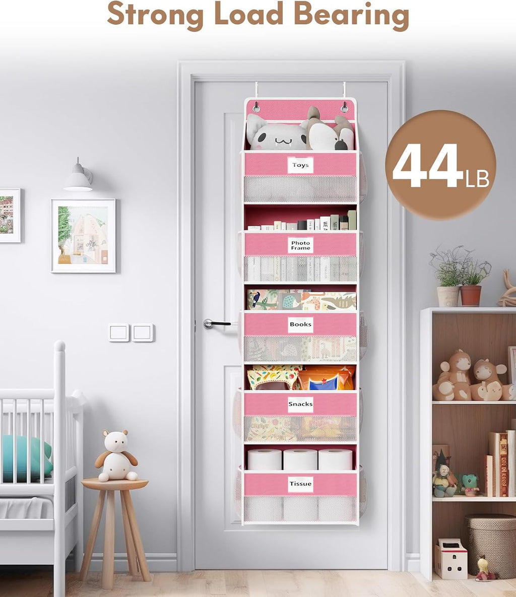 Over The Door Organizer Hanging, 5 Shelf Behind The Doors Storage, Pantry Door Organizer, Closet Organizers for Bedroom and Nursery (Pink)