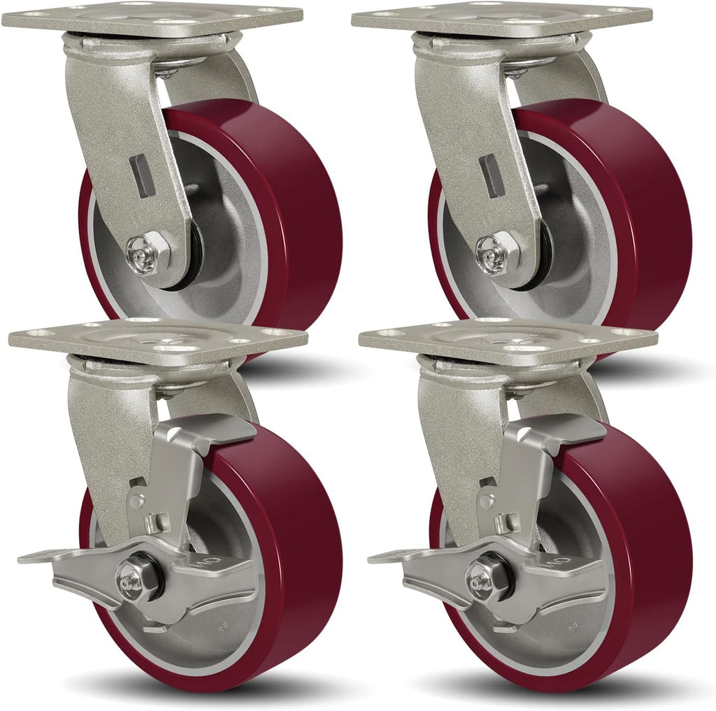 SY America 5" X 2" Casters Wheels,Heavy Duty Casters Set of 4，Polyurethane on Aluminum Wheels,2 Swivel 2 Swivel w/Top Lock Brake Casters,4400 LBS Load Capacity
