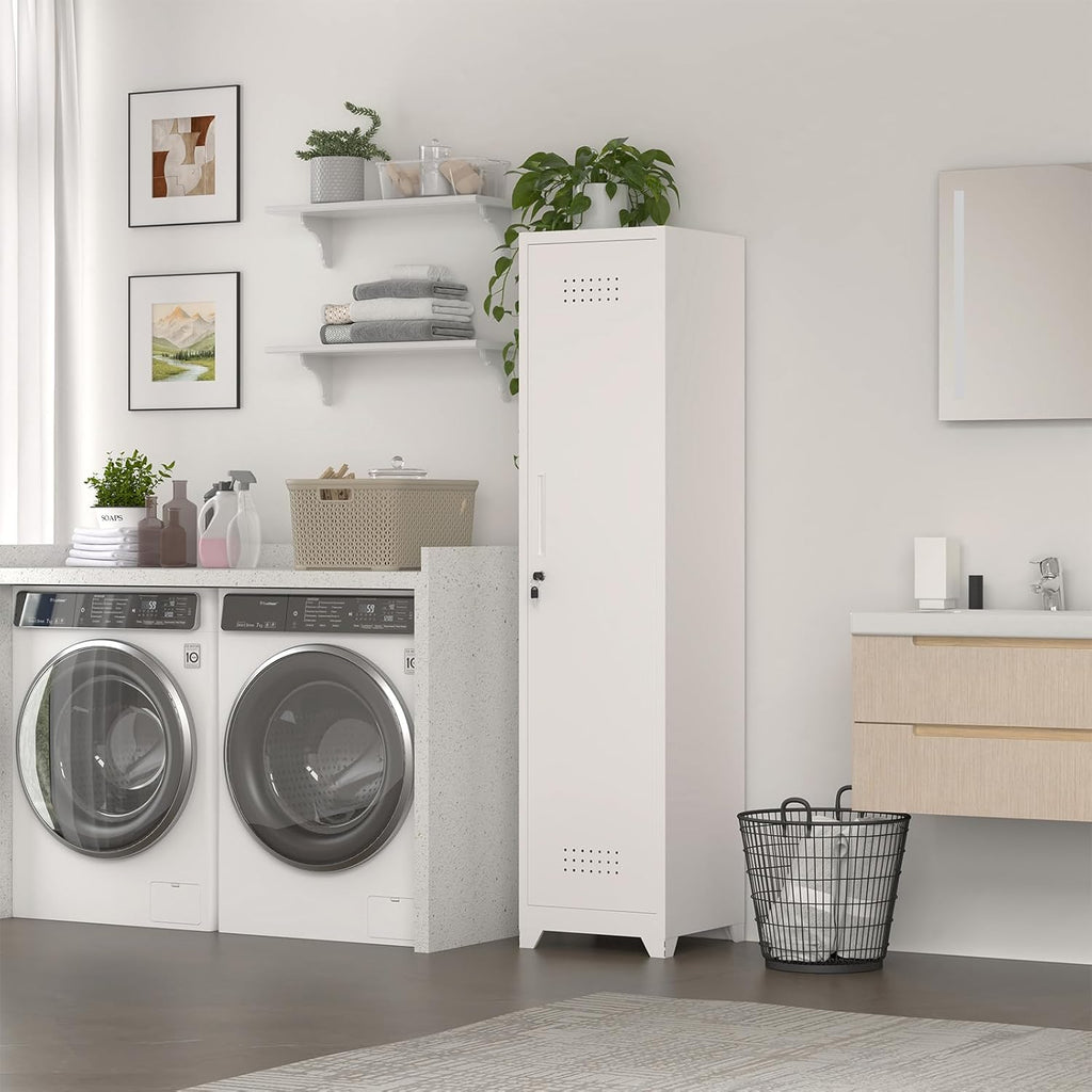 Slim Broom Storage Cabinets, Metal Cabinet with Shelves and Hanging Rod, 65" Utility Storage Cabinet with Locking Door, Tall Cleaning Cabinets for Kitchen, Pantry, Office, Shop, Garage