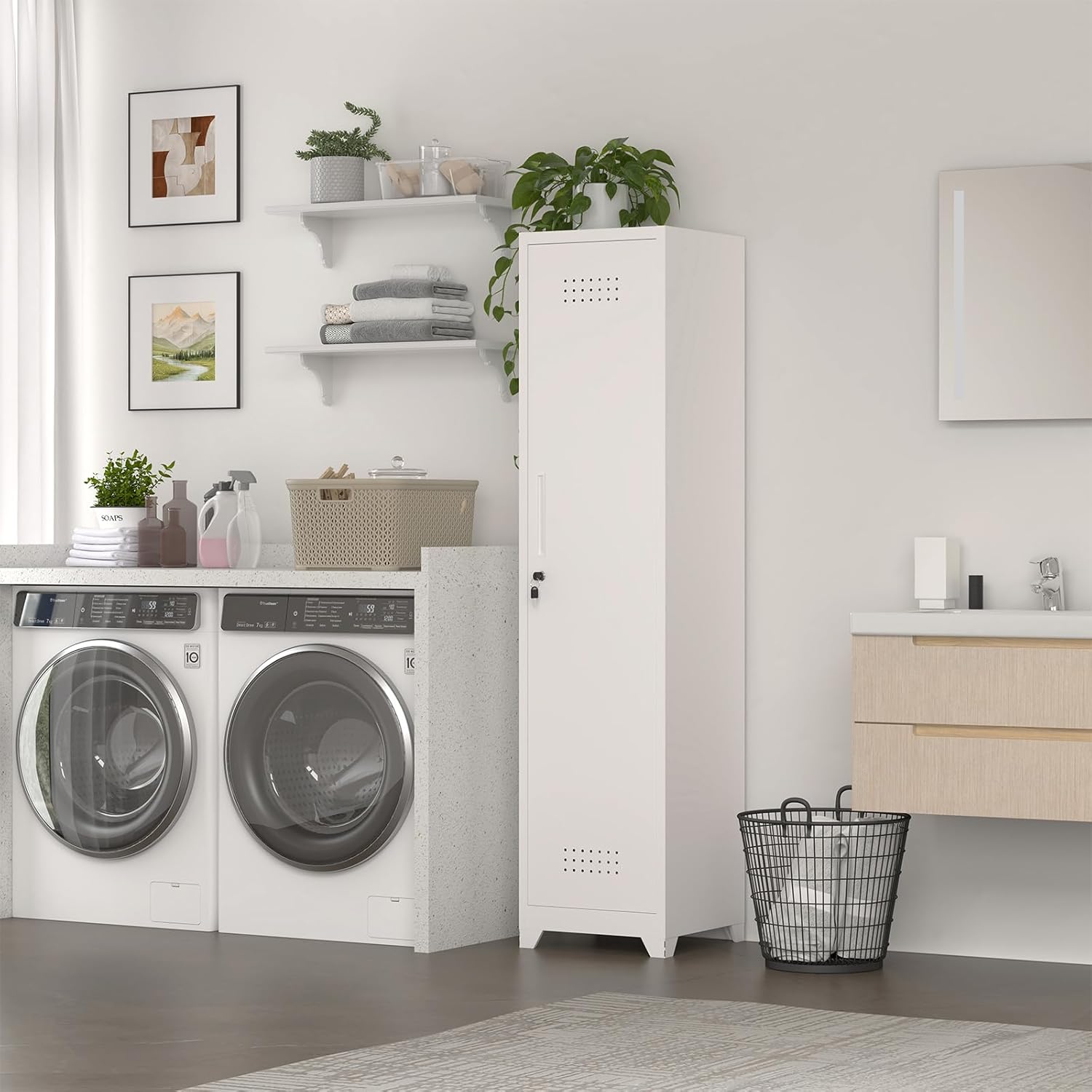 Slim Broom Storage Cabinets, Metal Cabinet with Shelves and Hanging Rod, 65" Utility Storage Cabinet with Locking Door, Tall Cleaning Cabinets for Kitchen, Pantry, Office, Shop, Garage