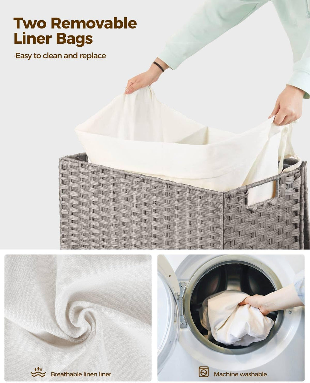 Greenstell Laundry Hamper with Wheels, No Install Needed, 110L Divided Handwoven Hampers & 2 Removable Liner Bags, Rattan Clothes Laundry Basket with Lid & Handles, Foldable Hampers Gray 22x13x26.4 In
