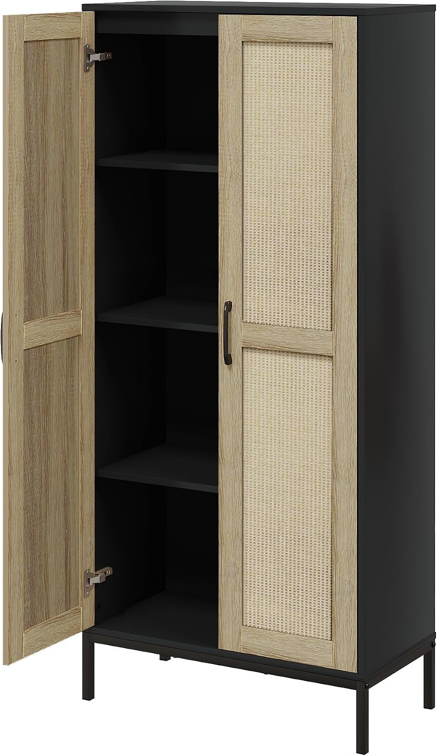 60" Tall Kitchen Pantry with 2 Rattan Doors and 3 Adjustable Shelves,Fre...