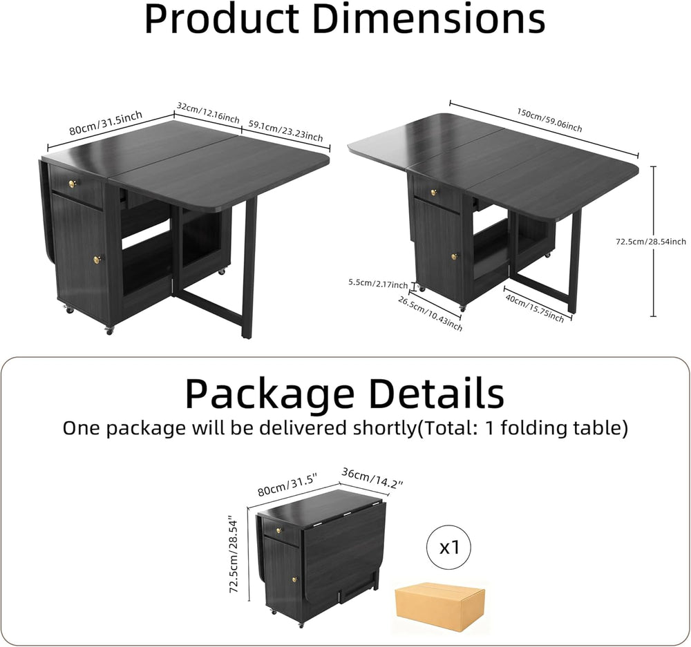 Small Foldable Dining Table - 59" Fully Assembled Drop Leaf Tables for S...