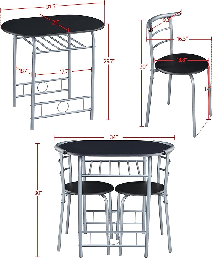 Yaheetech 3-Piece Dining Room Table Set, Kitchen Table & Chair Sets for 2, Compact Table Set w/Steel Legs, Built-in Wine Rack for Breakfast Nook, Small Space, Apartment, Black, 31.5x21x29" (LxWxH)