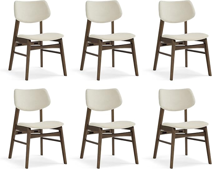 Wooden Dining Chairs Set of 6, Upholstered Modern Dining Room Chairs, Solid Oak Wood Kitchen Chairs with Soft Cushion Backrest for Farmhouse, Restaurant, Café (Cream Fabric & Walnut Color)