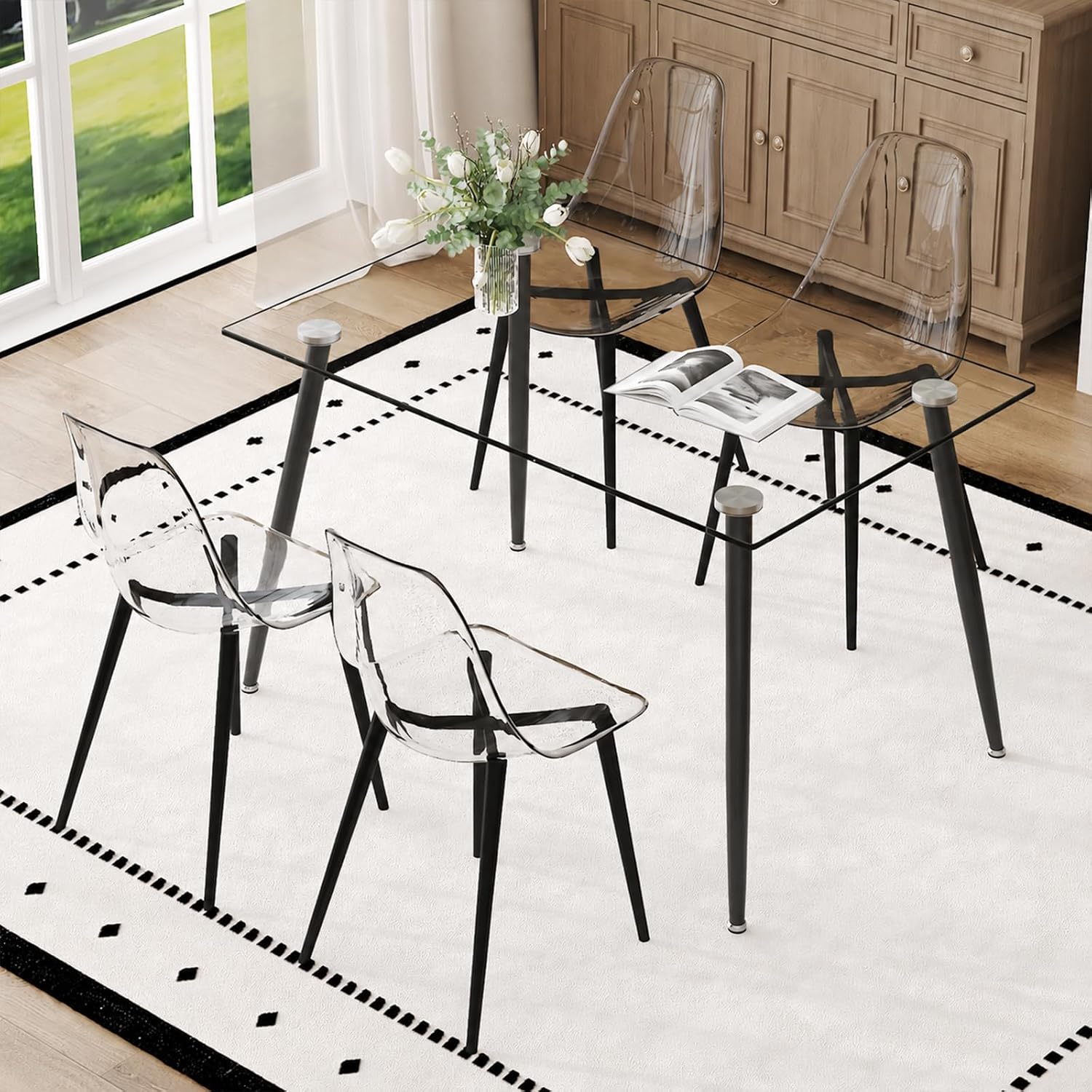 Ebullient Glass Dining Table Set for 4, 51" Clear Tempered Glass Table with Black Metal Legs and 4 Transparent Acrylic Chairs, Compact Modern Kitchen Table Set for Small Space Dining Room