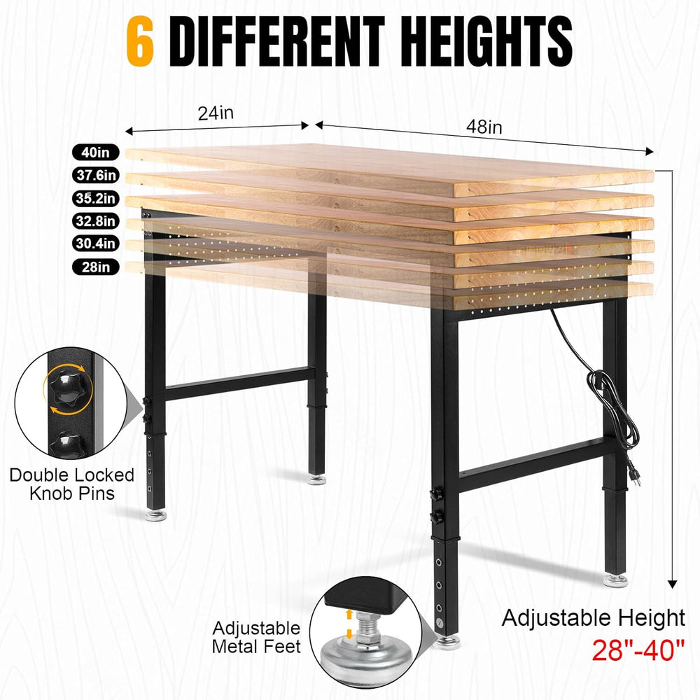 48" L×24”W Adjustable Workbench, 28”-40”Heights Heavy Duty Table 2000 LB...