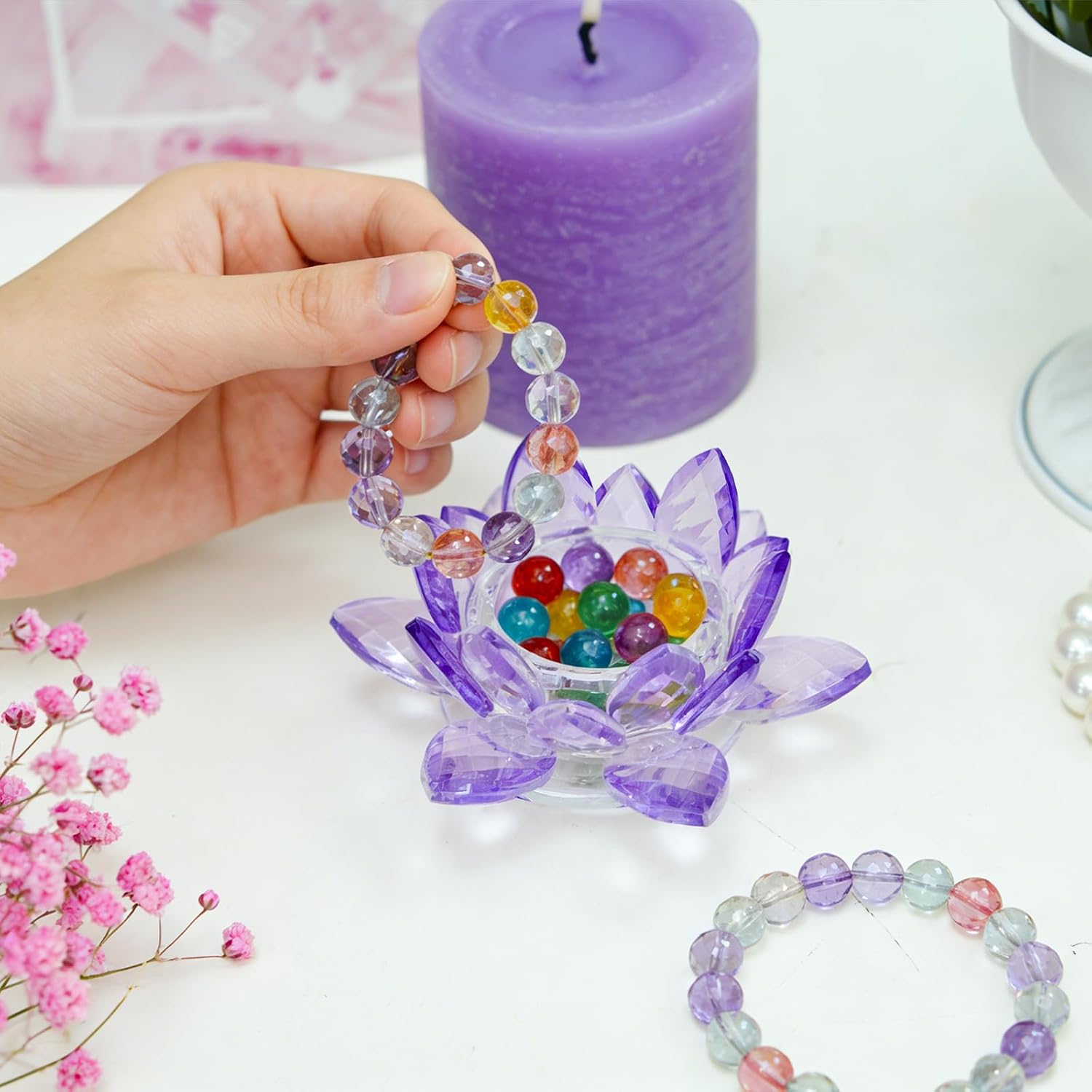 Crystal Flower Jewelry Tray, Luxury Transparent Decorative Trinket Dish for Rings, Earrings, Necklaces, Keys for Vanity Dresser Nightstand, Elegant Gift for Women Mother's Day (1, 4.4"(w) - Purple)