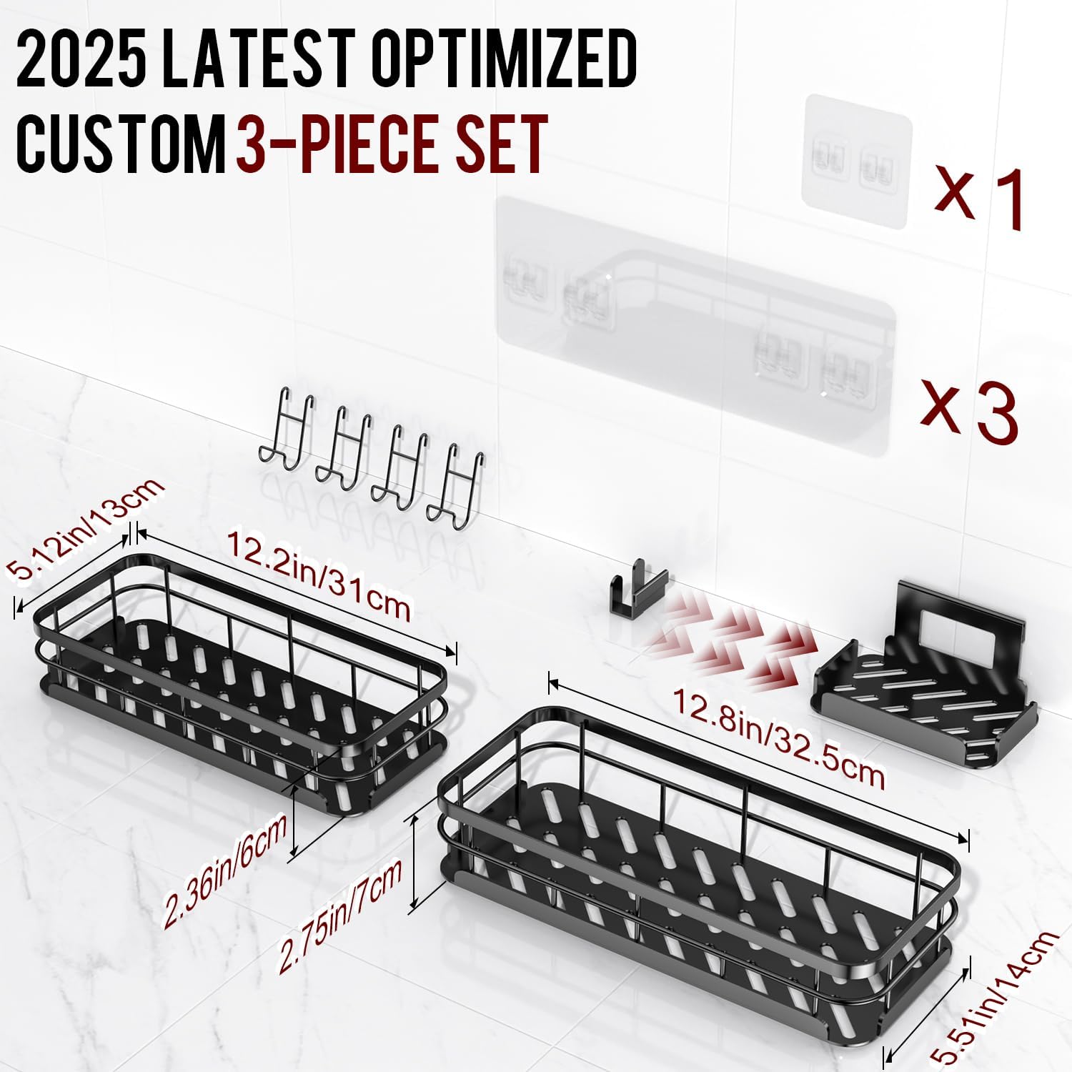 Large Capacity Shower Caddy, Heavy-Duty Adhesive Shower Organizers with Custom Aesthetic Design Soap, No Drilling Corner Shower Shelves, 5 Hooks for Bathroom Accessories, 3 Pack
