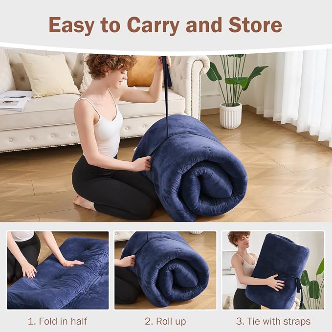Japanese Floor Futon Mattress Full Size 54"x 80", 2.5'' Thick Foldable Roll Up Floor Bed Sleeping Pad, 25D Foam Filled Tatami Mat with Straps for Guest Room, Dormitory & Camping, Blue