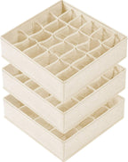 Criusia 3 Pack Sock Underwear Drawer Organizer Dividers, 64 Cell Fabric Foldable Cabinet Dresser Closet Organizers and Storage Boxes for Organizing Socks, Underwear, Ties (16+24+24 Cell, Beige)